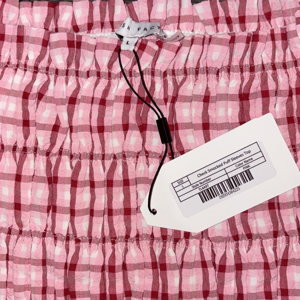 English Factory NEW Check Smocked Puff Sleeve Top Size Large Pink/Red - Picture 10 of 15